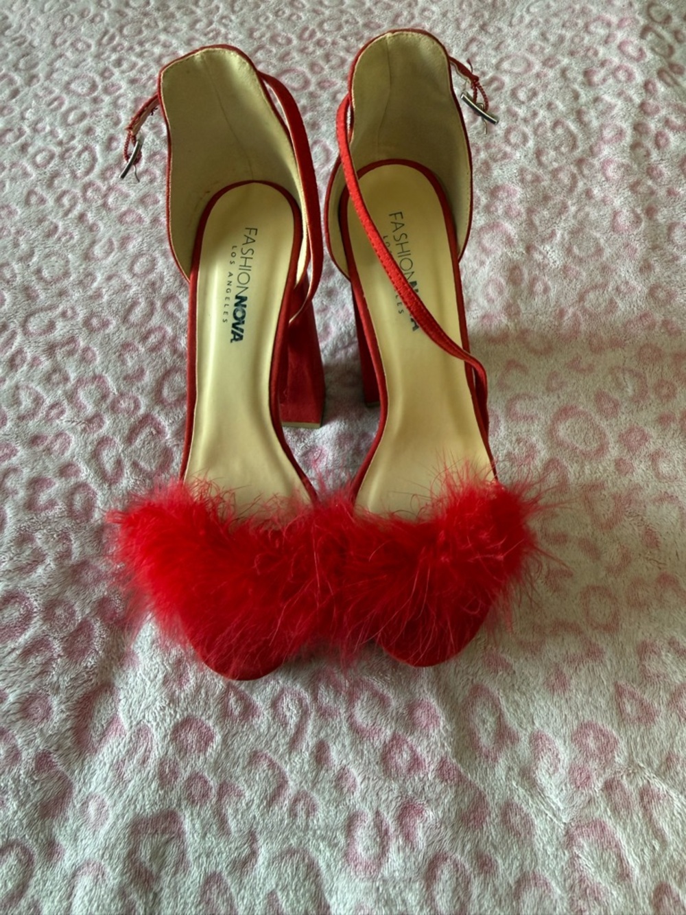 Fashion Nova Red Feather Strap Heels